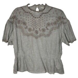 Joie Grey Cropped Floral Embroidery Eyelet Trim Boho Tunic Size Medium